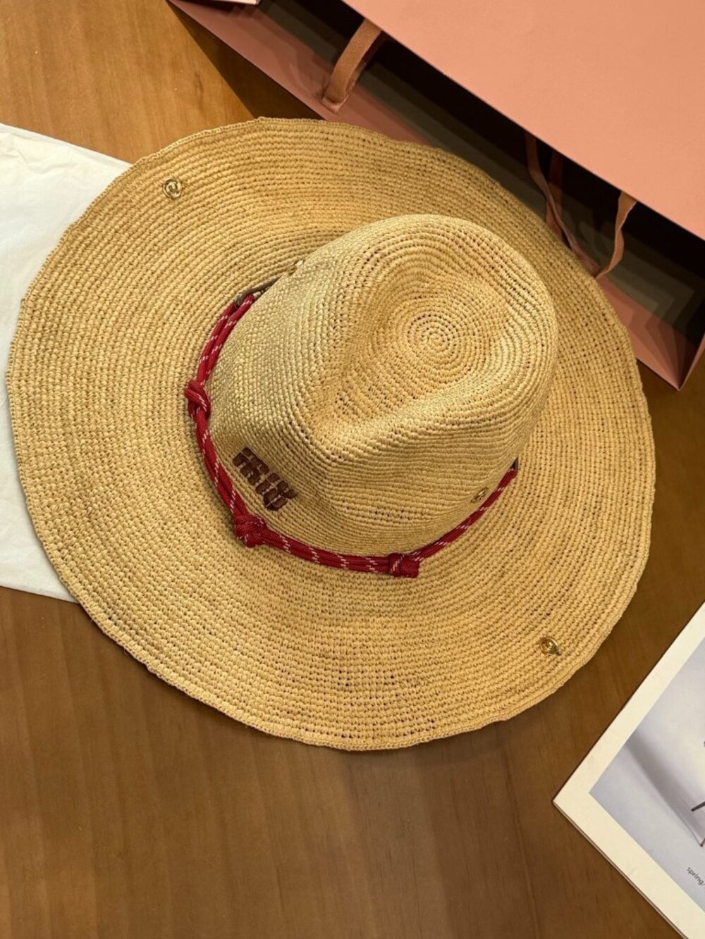 MIU MIU Wide Brim Raffia Straw Hat With Red Rope Band